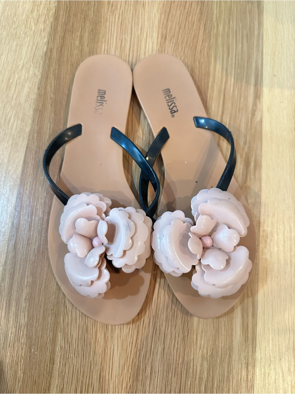 Melissa Floral Flip Flops Sandals Nude Pink Black Size 39